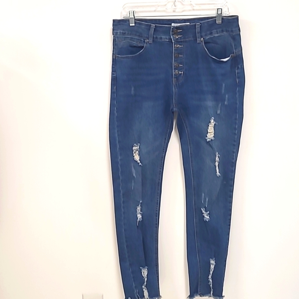 Distressed Thrill jeans size 13 high rise straight leg.